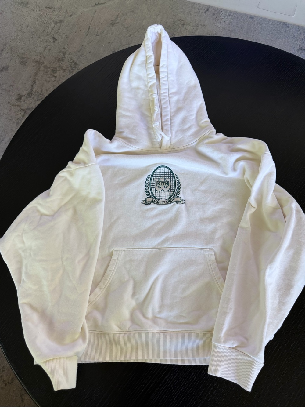 Kith Cream Hoodie with Green Crest Embroidery